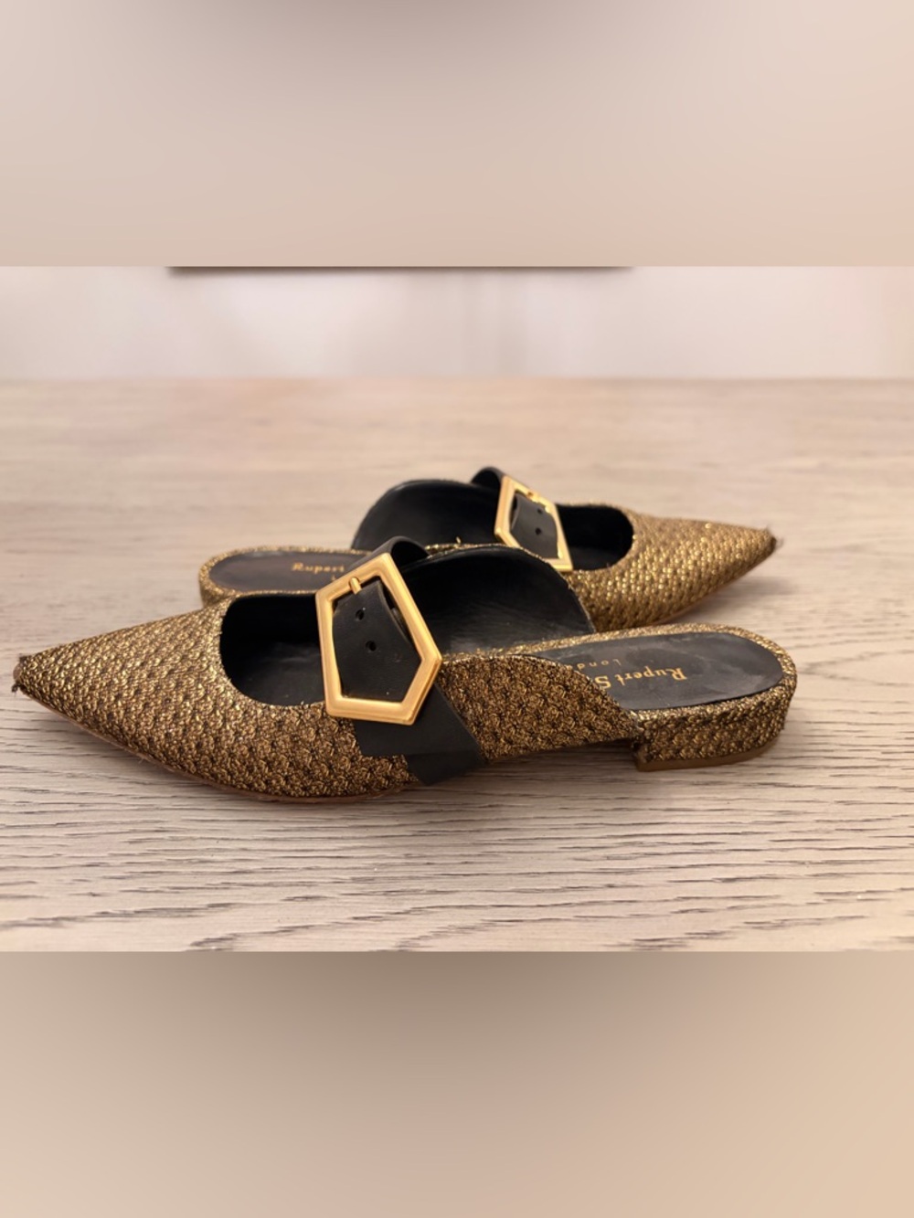 Rupert Sanderson Black & Gold Glitter Accents Mules Size 38 (8)